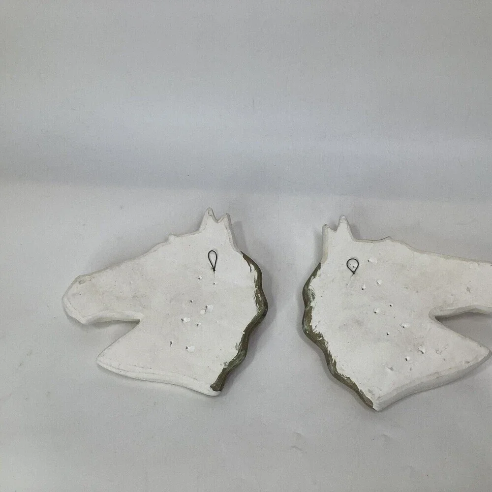 VTG 2 Miller Studio Chalkware Horse Head Wall Décor Plaque‎ 1977 MCM White Gold